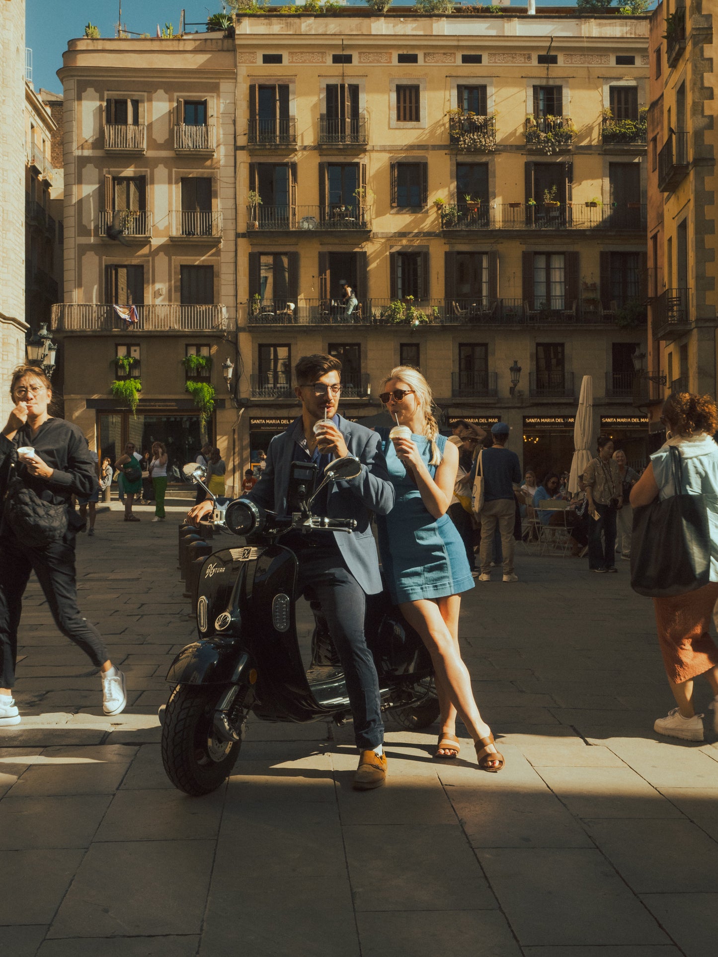 Romantic date in Barcelona during Vespa ride